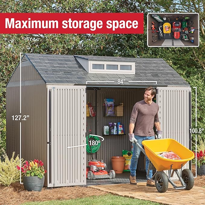 Rubbermaid Extra Large Resin Outdoor Storage Shed With Floor (7 x 10.5 Ft.) Weather Resistant Brown Organization for Home/Lawn Mower/Backyard Equipment/Bike Storage/Pool Supplies