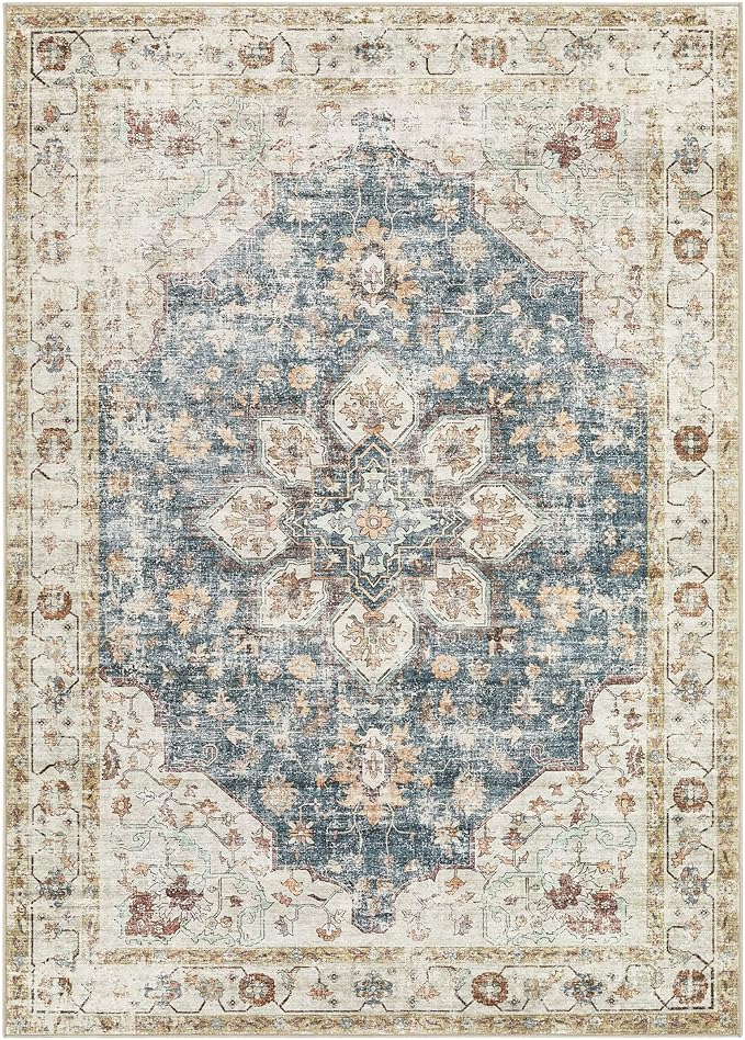 Area Rug for Living Room - 8x10 Soft Washable Oriental Vintage Floral Distressed Large Carpet - Fade Stain Resistant Non Slip Rugs for Bedroom Dining Room Nursery Dorm Office Home Decor - Blue Golden