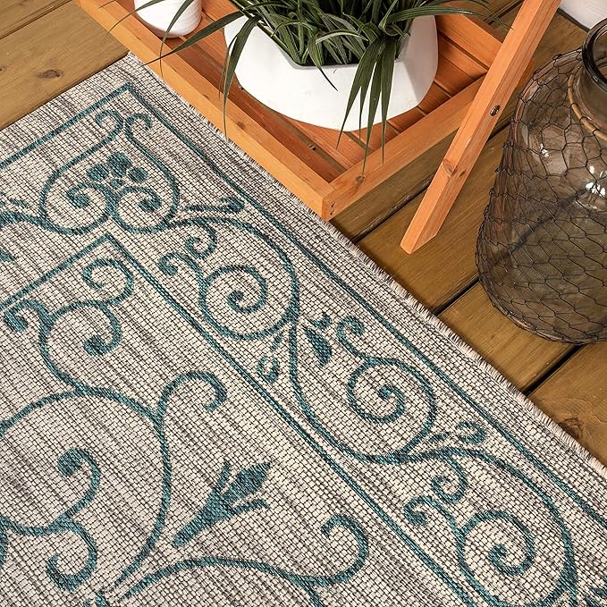 JONATHAN Y Vintage Filigree Indoor Outdoor Area Rug 10X14 Gray/Teal, Charleston Textured Weave for Backyard, Patio, Porch, Easy-Cleaning, High Traffic, Pet-Friendly, Non-Shedding (SMB106E-14)