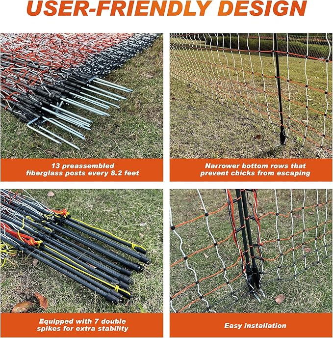 2 Rolls Poultry Electric Netting Fence - 41.3''H (can be Manually Raised to 53.1''H) x (98.5'L+65.6'L) for Flying Chicken, Sheep, Goats in Farms, Ranches and Gardens, PK2