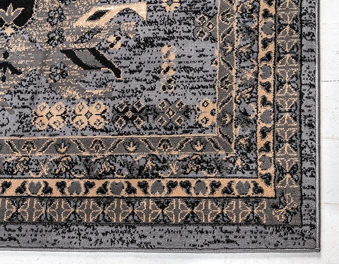 Unique Loom Taftan Collection Border Geometric Tribal Inspired Design Area Rug (7' 0 x 10' 0 Rectangular, Gray/ Black)