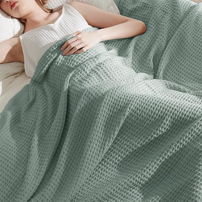 Bedsure Gentlesoft 100% Cotton Blanket Queen Size for Bed - Breathable and Soft, Thick Cozy Waffle Weave Christmas Blanket Gift for Women, Sage Green, 90x90 Inches