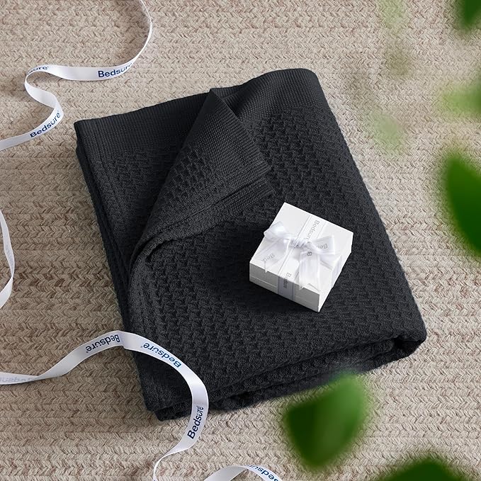 Bedsure Gentlesoft 100% Cotton Large Throw Blanket for Couch 50x70 inches - Breathable and Soft, Waffle Weave Throw Blanket for Office, Black