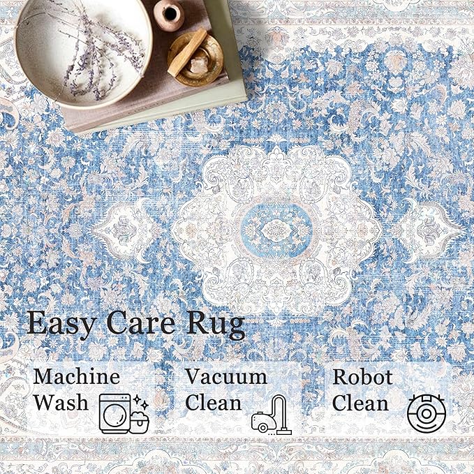 Small Rugs 2x3,Blue Rug for Entryway Bathroom Bedroom Kitchen Entrance Doormat,Boho Vintage Bohemian Distressed Washable Accent Floor Throw Carpet Non Slip,Floral