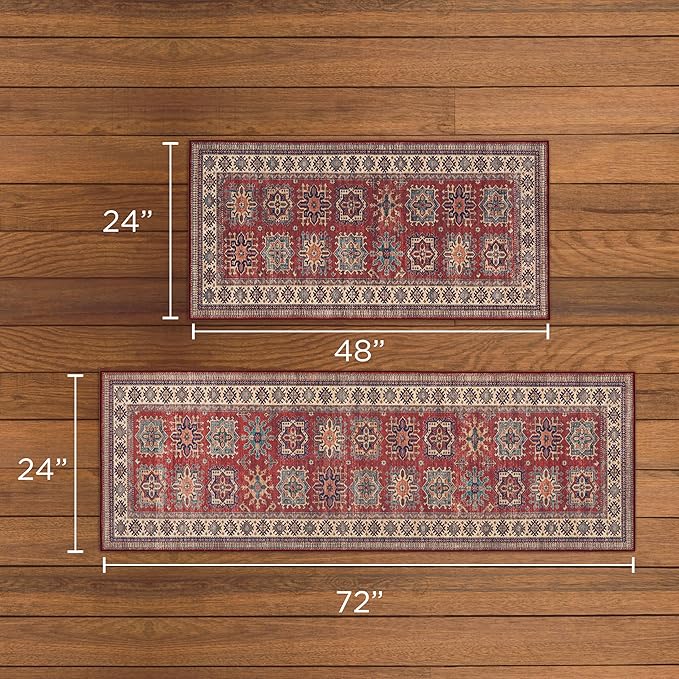 Wyatt & Ash Red Minot Imagine Printed Chenille 2' x 6' Runner Rug / 2' x 4' Accent Rug Non Skid & Machine Washable Rugs 2 Piece Set