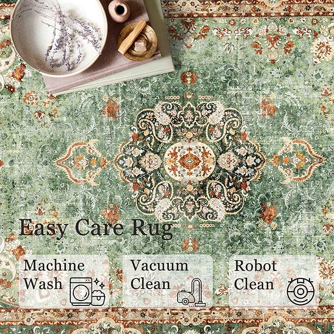 Round Rug 9ft,Large Green Circle Area Rugs for Bedroom Living Room,Washable Boho Vintage Bohemian Distressed Oriental Floral Carpet Non Slip