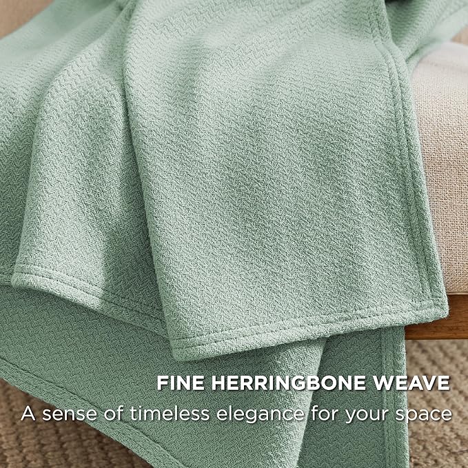 Bedsure GentleSoft 100% Cotton Blanket Twin XL Size for Bed - Breathable and Lightweight, Soft Cozy Textured Herringbone Woven Summer Blanket for College Dorm, Sage Green, 66x90 inches