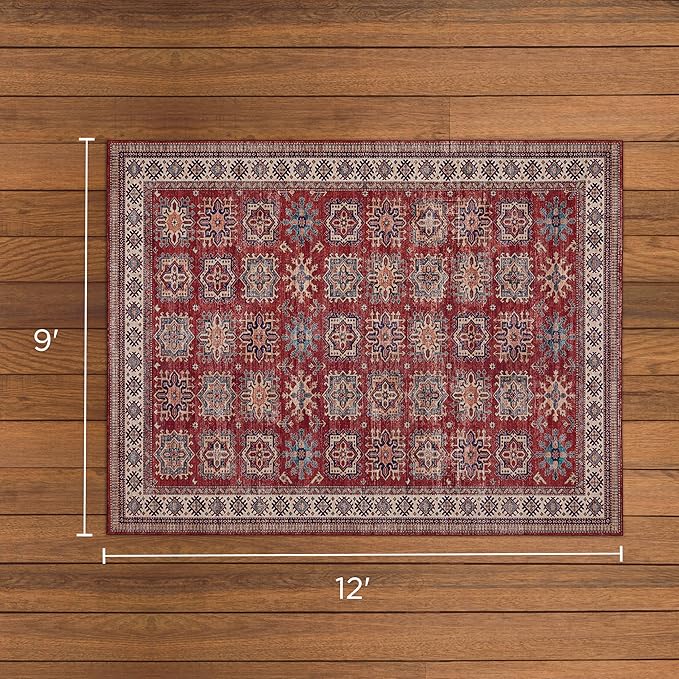 Wyatt & Ash Red Minot Imagine Printed Chenille 9' x 12' Non Skid & Machine Washable Area Rug