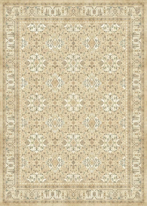 Warm Beige 5x8 Area Rug, Non Slip Washable Rugs for Living Room Bedroom Low Pile Thin Soft, Boho Neutral Floral Moroccan Pattern Printed Carpet Rug for Dining Room Home Office Nursery Playroom