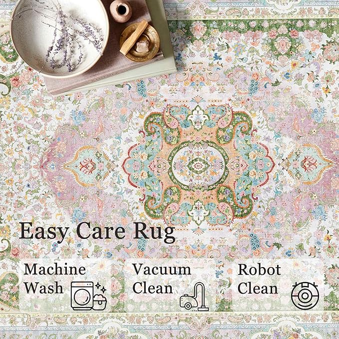 9x12 Area Rugs Washable,Pink Rug for Living Room Bedroom Dining Room,Large Boho Vintage Bohemian Distressed Carpet Non Slip,Blush Green