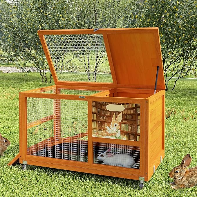 COZIWOW 36.5-Inch Double-Decker Wooden Rabbit Hutch with Wheels, Featuring A Cleaning Tray and Ladder—Stylish and Easy to Assemble（Orange and Pattern）