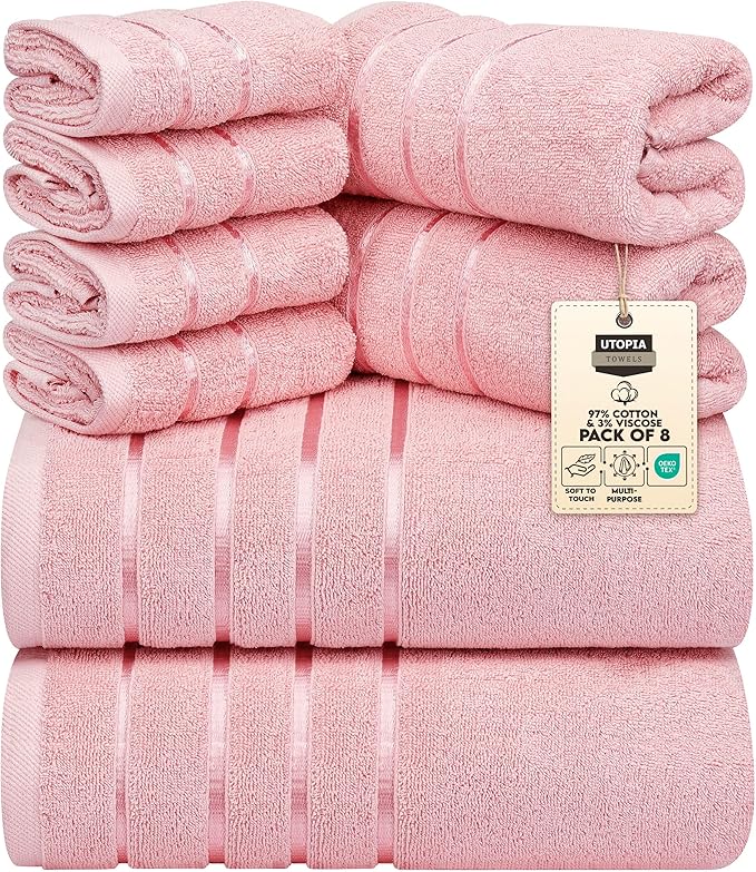 Utopia Towels 8 Piece Luxury Towel Set, 2 Bath, 2 Hand, and 4 Wash Cloths, 600 GSM Ring Spun Cotton, Highly Absorbent Viscose Stripe Towels, Ideal for Everyday use, Dusty Pink