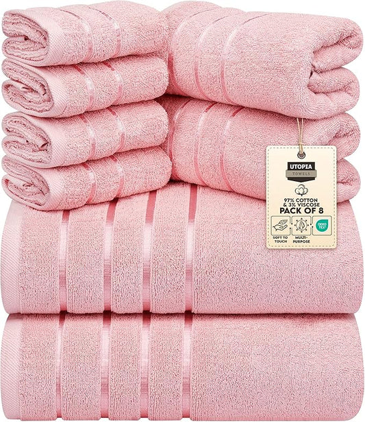 Utopia Towels 8 Piece Luxury Towel Set, 2 Bath, 2 Hand, and 4 Wash Cloths, 600 GSM Ring Spun Cotton, Highly Absorbent Viscose Stripe Towels, Ideal for Everyday use, Dusty Pink