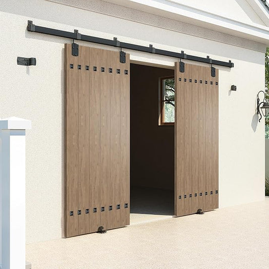 8FT Heavy Duty Box Rail Exterior Sliding Barn Door Hardware Kit, 450 lbs Capacity, Black Powder Coated Finish,Kit for Outdoor,Fit MAX 2 Door Width 48in