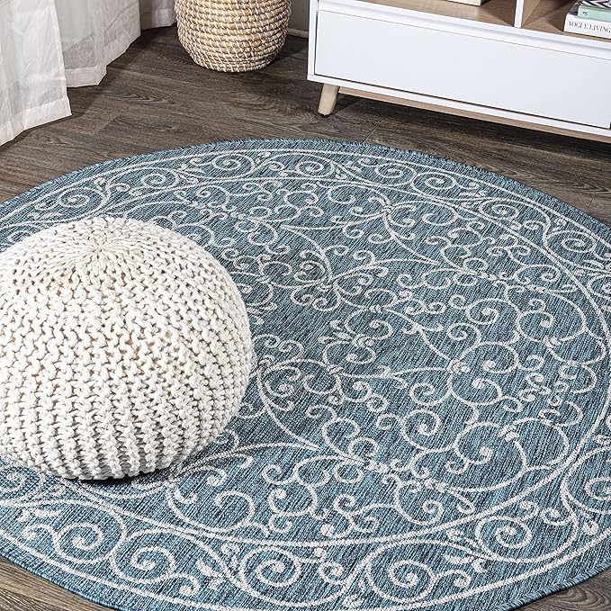 JONATHAN Y Vintage Filigree Indoor Outdoor Round Area Rug 5 Ft Teal/Gray, Charleston Textured Weave for Backyard, Patio, Porch, Easy-Cleaning, High Traffic, Pet-Friendly, Non-Shedding (SMB106F-5R)