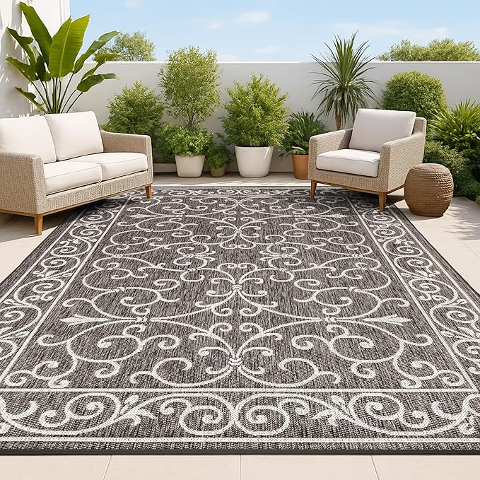 JONATHAN Y Vintage Filigree Indoor Outdoor Area Rug 5X8 Black/Gray, Charleston Textured Weave for Backyard, Patio, Porch, Easy-Cleaning, High Traffic, Pet-Friendly, Non-Shedding (SMB106G-5)