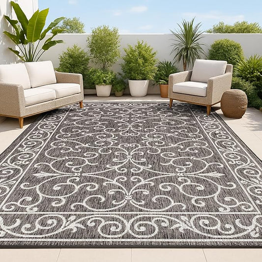 JONATHAN Y Vintage Filigree Indoor Outdoor Area Rug 3X5 Black/Gray, Charleston Textured Weave for Backyard, Patio, Porch, Easy-Cleaning, High Traffic, Pet-Friendly, Non-Shedding (SMB106G-3)