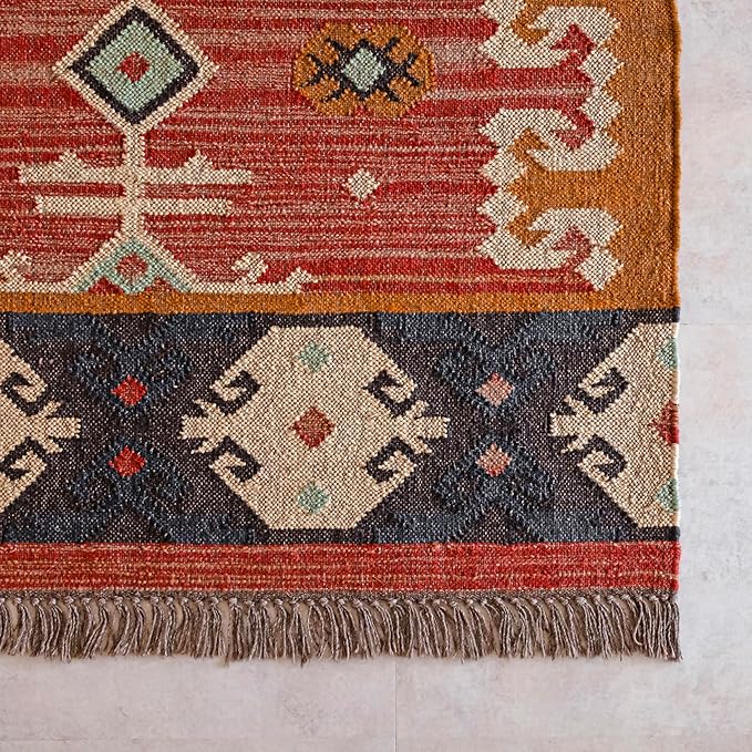 Jute Traditional Kilim Rug Boho Flatweave Area Rug for Living Room, Living Room Entryway, Tribal Series, 5'x8'
