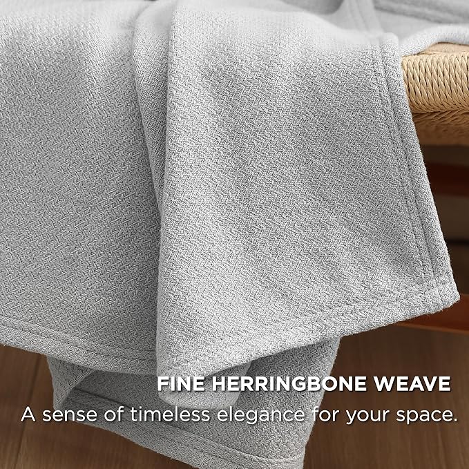 Bedsure GentleSoft 100% Cotton Blanket Queen Size for Bed - Breathable and Lightweight, Soft Cozy Textured Herringbone Woven Blanket for Summer, Grey, 90x90 inches