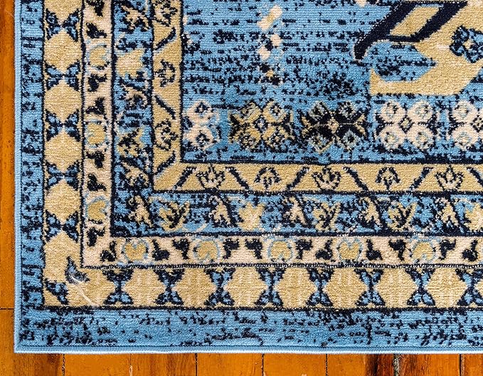 Unique Loom Taftan Collection Border Geometric Tribal Inspired Design Area Rug (6' 0 x 9' 0 Rectangular, Light Blue/ Gold)