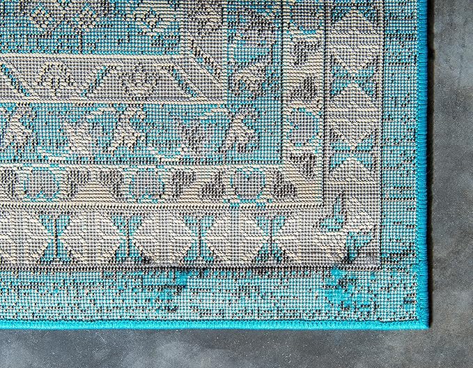 Unique Loom Taftan Collection Border Geometric Tribal Inspired Design Area Rug (8' 0 x 10' 0 Rectangular, Turquoise/ Gray)