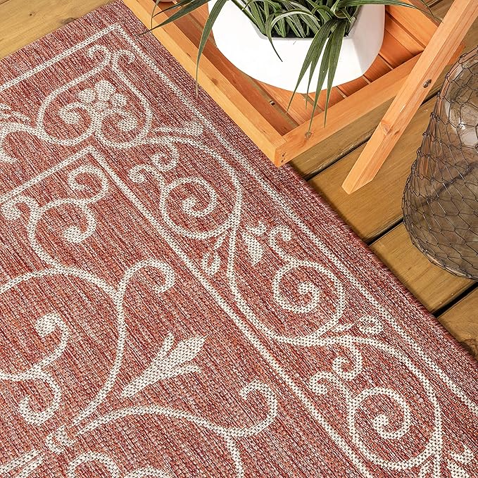 JONATHAN Y Vintage Filigree Indoor Outdoor Area Rug 6X9 Red/Beige, Charleston Textured Weave for Backyard, Patio, Porch, Easy-Cleaning, High Traffic, Pet-Friendly, Non-Shedding (SMB106B-6)