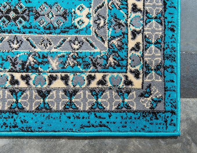 Unique Loom Taftan Collection Border Geometric Tribal Inspired Design Area Rug (7' 0 x 10' 0 Rectangular, Turquoise/ Gray)