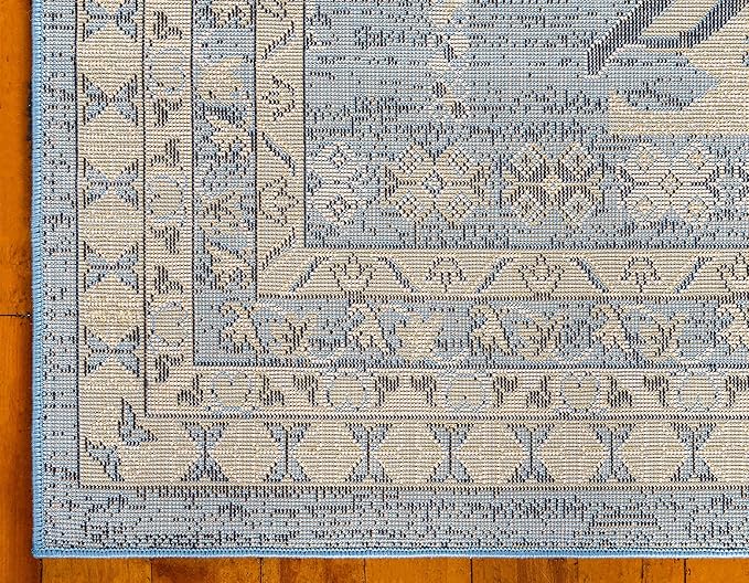 Unique Loom Taftan Collection Border Geometric Tribal Inspired Design Area Rug (8' 0 x 10' 0 Rectangular, Light Blue/ Gold)