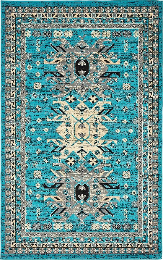 Unique Loom Taftan Collection Border Geometric Tribal Inspired Design Area Rug (5' 0 x 8' 0 Rectangular, Turquoise/ Gray)